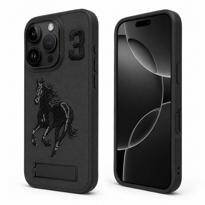 Black horse iPhone 12 protective phone cover with built-in stand
