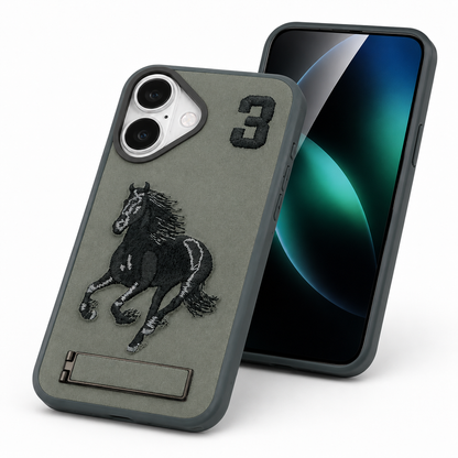 OTCR Horse Design Stand Case, Slim Protective iPhone 16 Case, Impact Resistant Phone Cover, Everyday Protective Smartphone Case