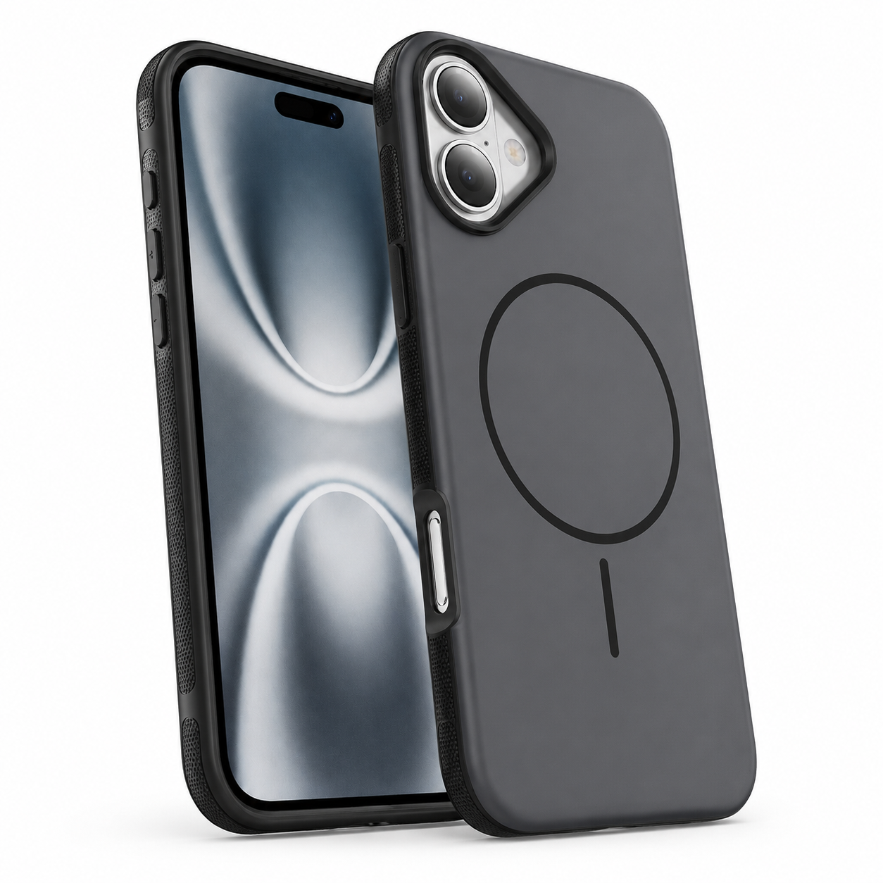 Black iPhone 16 case with MagSafe magnetic ring, raised camera protection, and slim protective finish