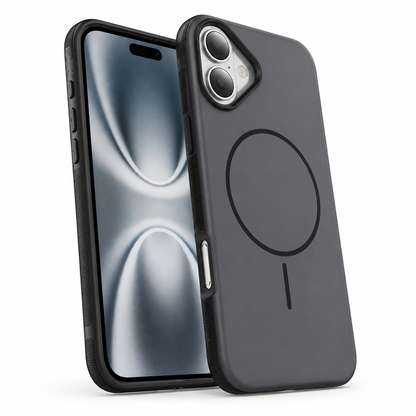 Black iPhone 16 case with MagSafe magnetic ring, raised camera protection, and slim protective finish