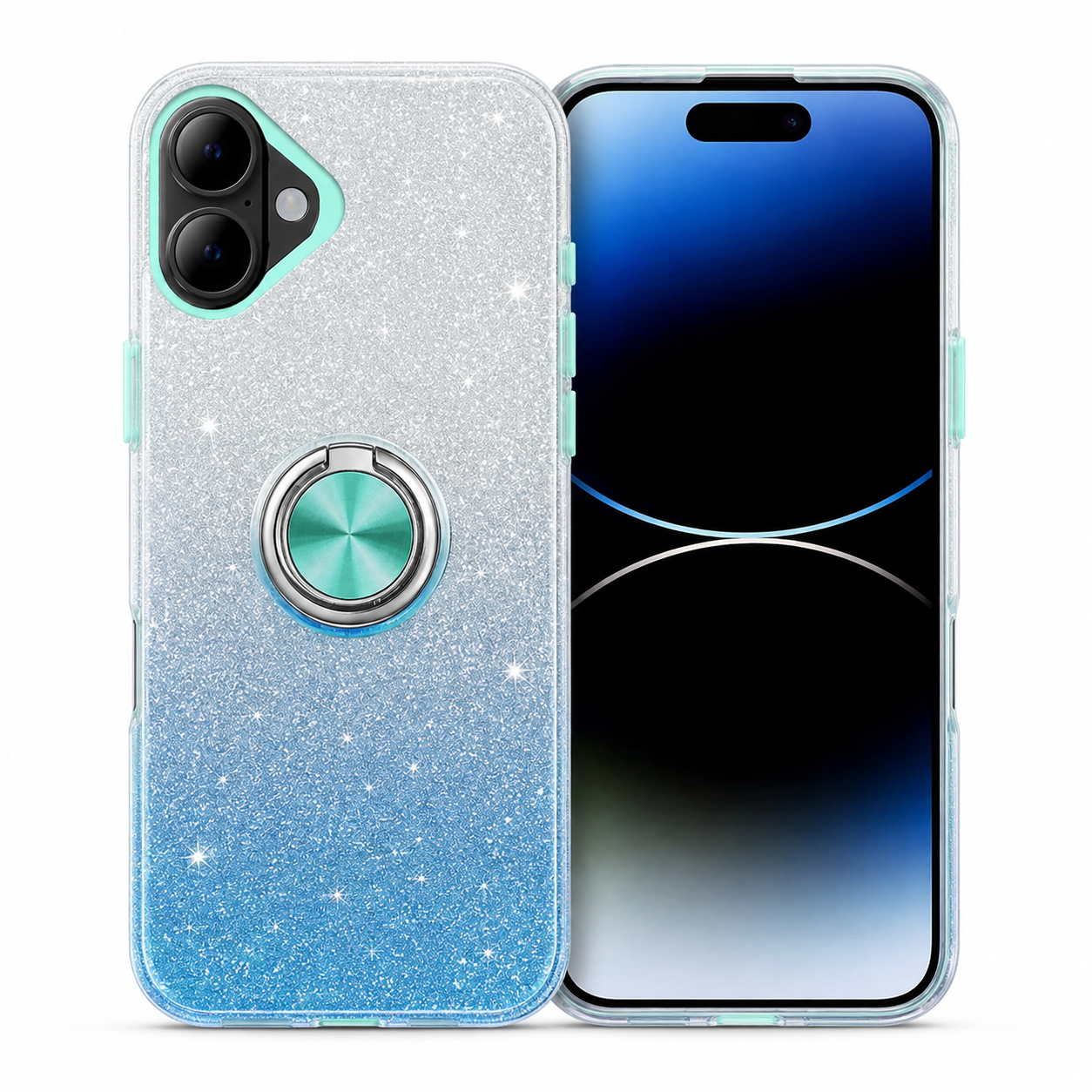 Blue and silver 3-in-1 glitter ring case for Apple iPhone 17