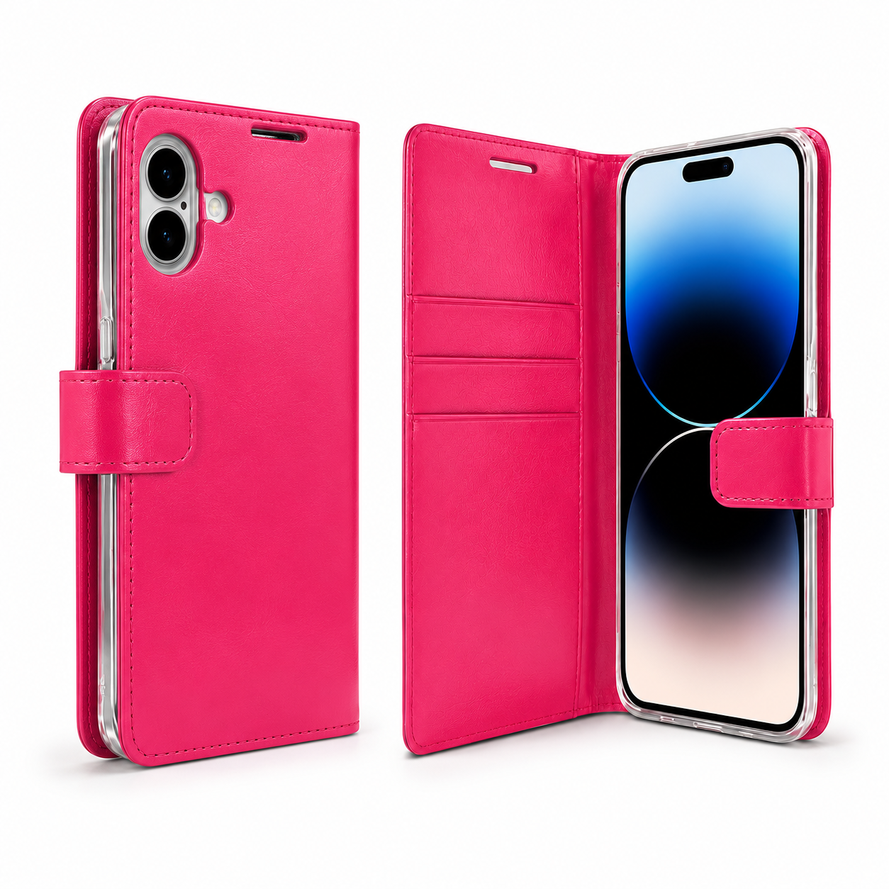 Shockproof hot pink leather-style diary case for Apple iPhone 17