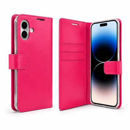 Shockproof hot pink leather-style diary case for Apple iPhone 17