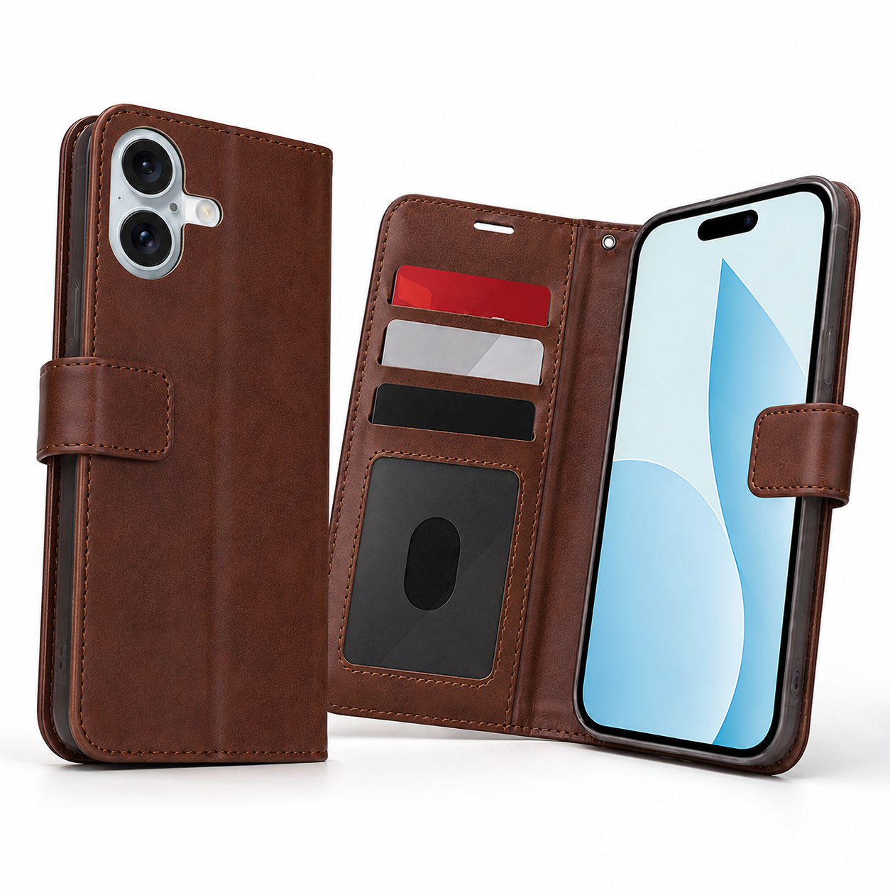 Shockproof brown folio case for iPhone 17 with card storage