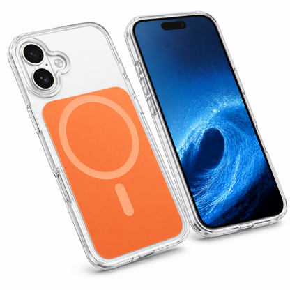 iPhone 16 clear MagSafe case with orange magnetic charging design