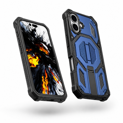 Wireless charging compatible case for Apple iPhone 16 in blue Outrider design