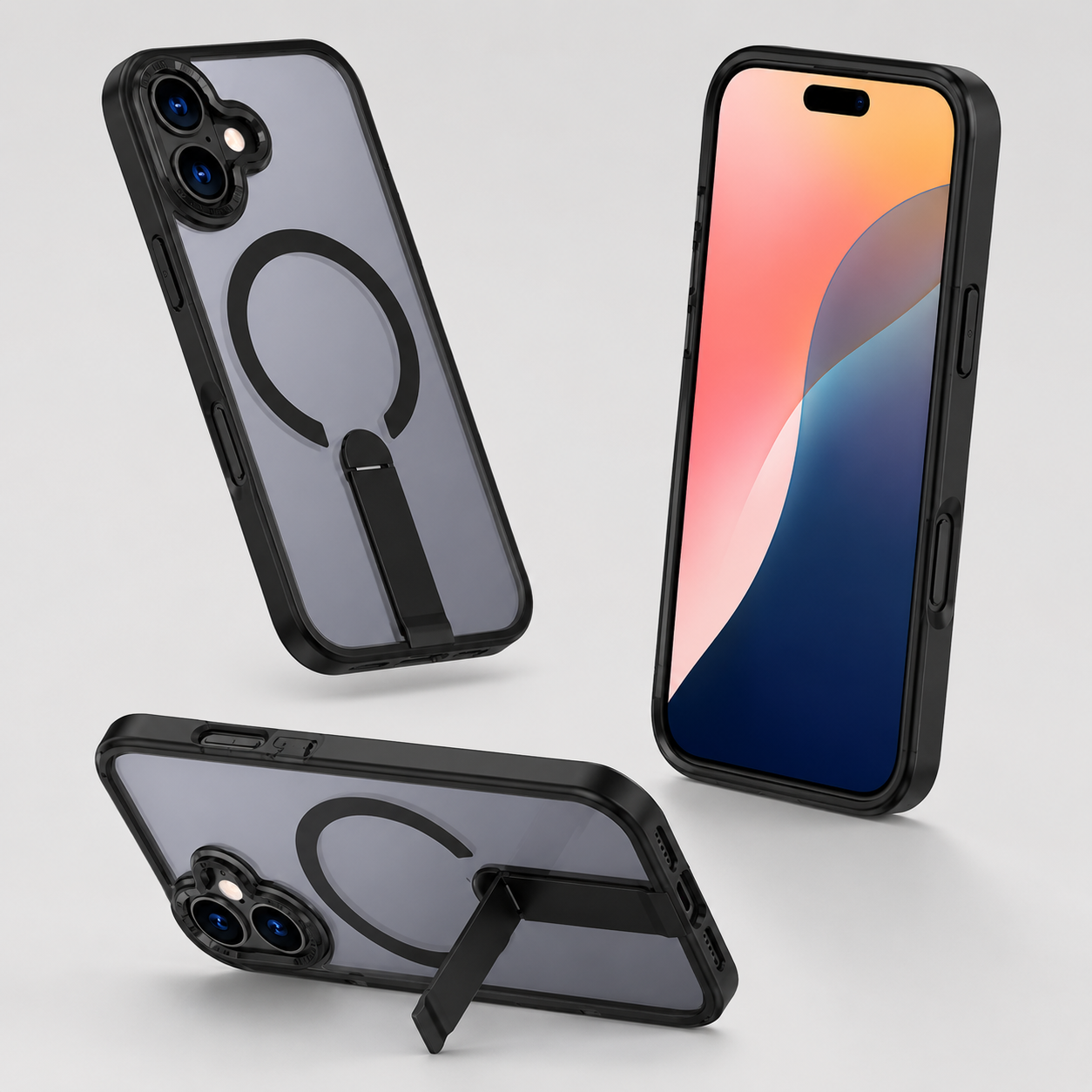 Apple iPhone 16 Kickstand Cover, Black Bumper Phone Case, Wireless Charging Compatible Case, Slim Protective Cover