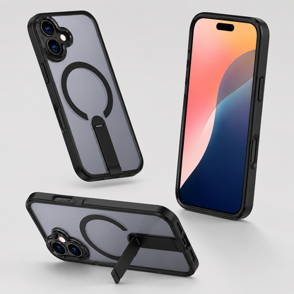 Apple iPhone 16 Kickstand Cover, Black Bumper Phone Case, Wireless Charging Compatible Case, Slim Protective Cover
