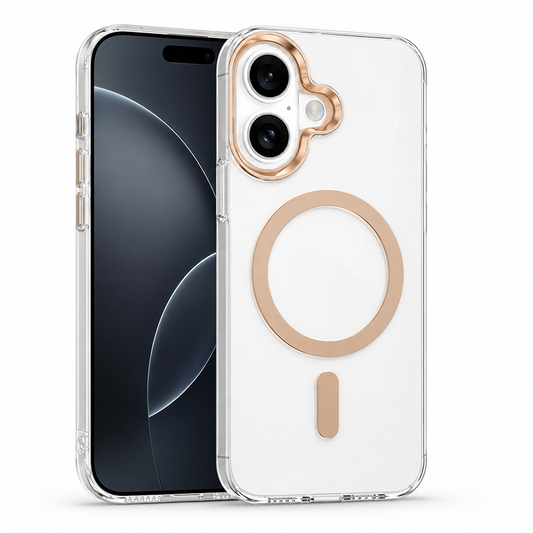 Gold MagSafe Spectra Case for Apple iPhone 17 with crystal clear protective phone case and MagSafe magnetic ring