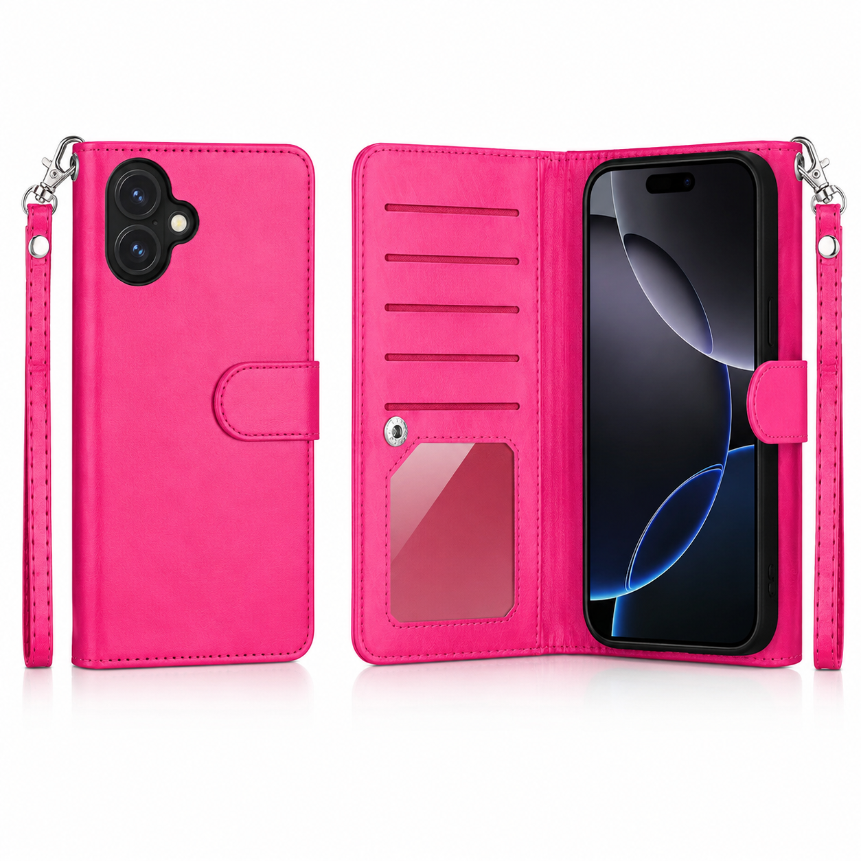 Hot pink bifold 9-card detachable wallet case for Apple iPhone 17