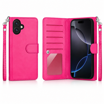 Hot pink bifold 9-card detachable wallet case for Apple iPhone 17