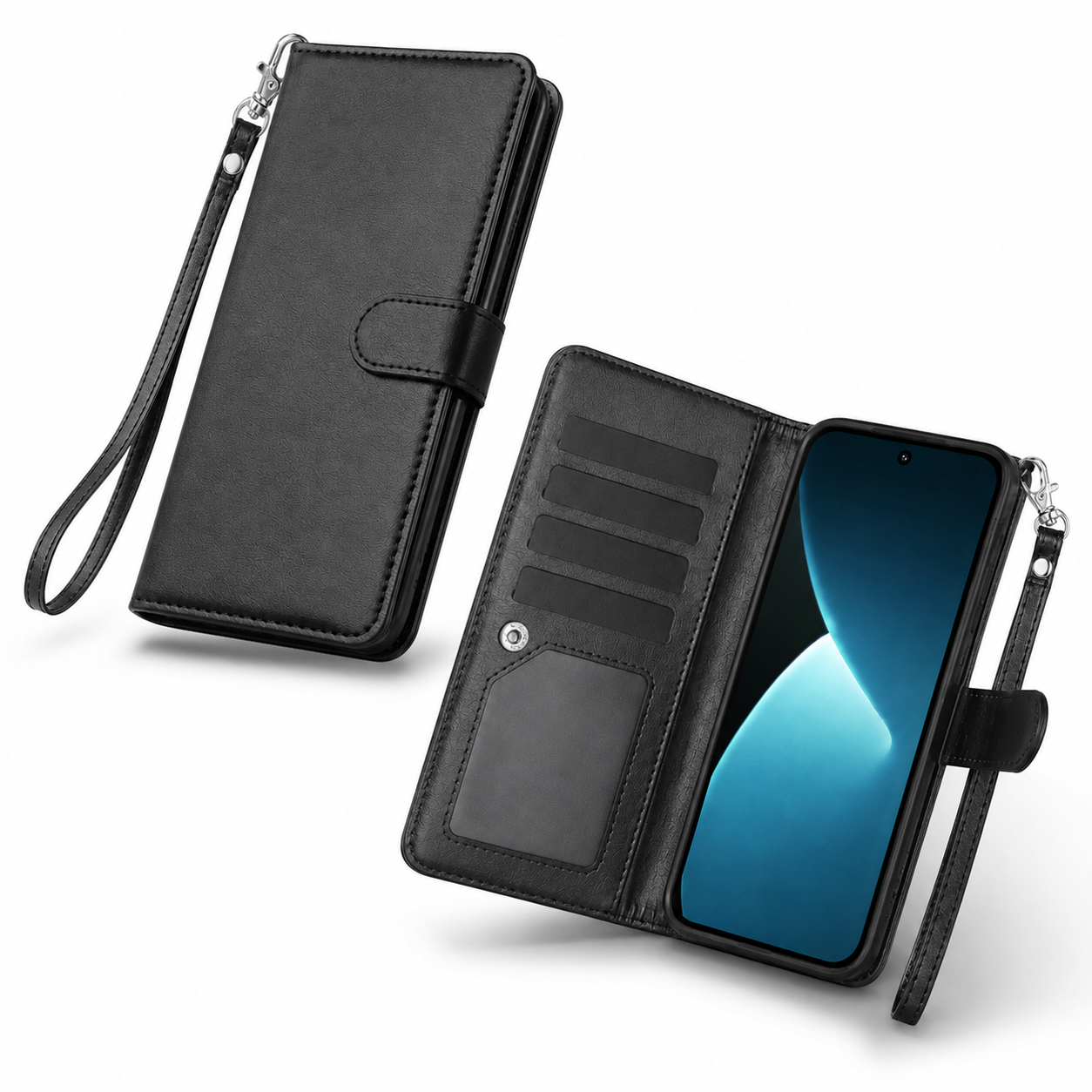 Shockproof black leather-style wallet cover for Apple iPhone 17
