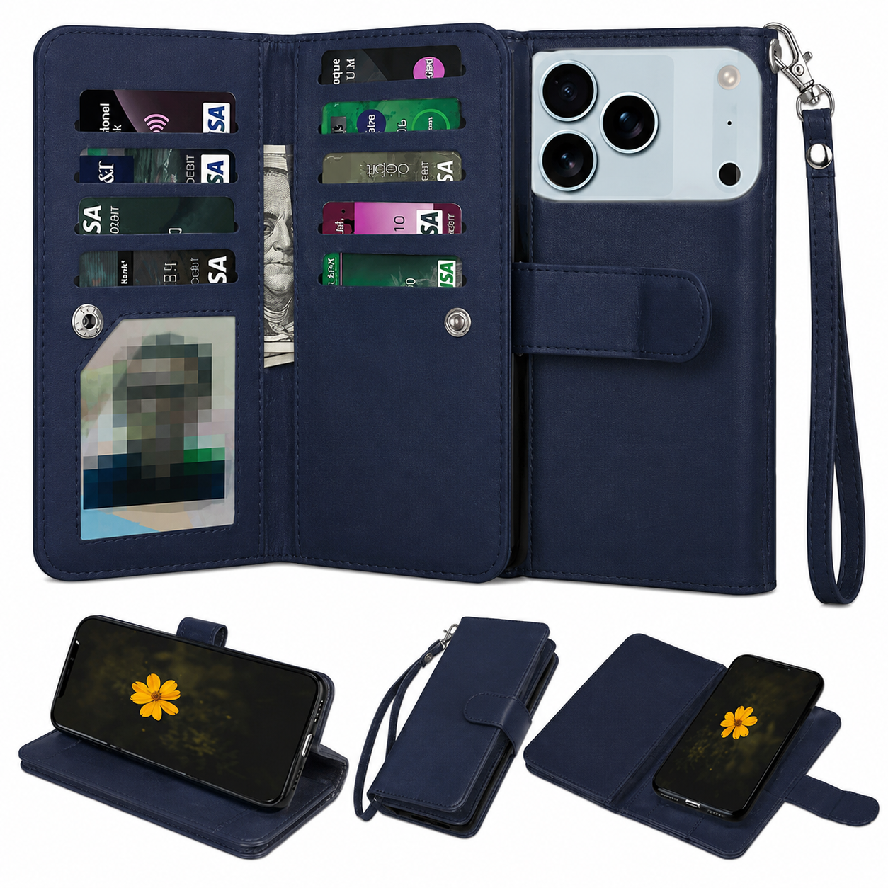 Navy iPhone 17 Pro Max Wallet Case, 9 Card Holder, Detachable Wallet Case, Protective Phone Cover