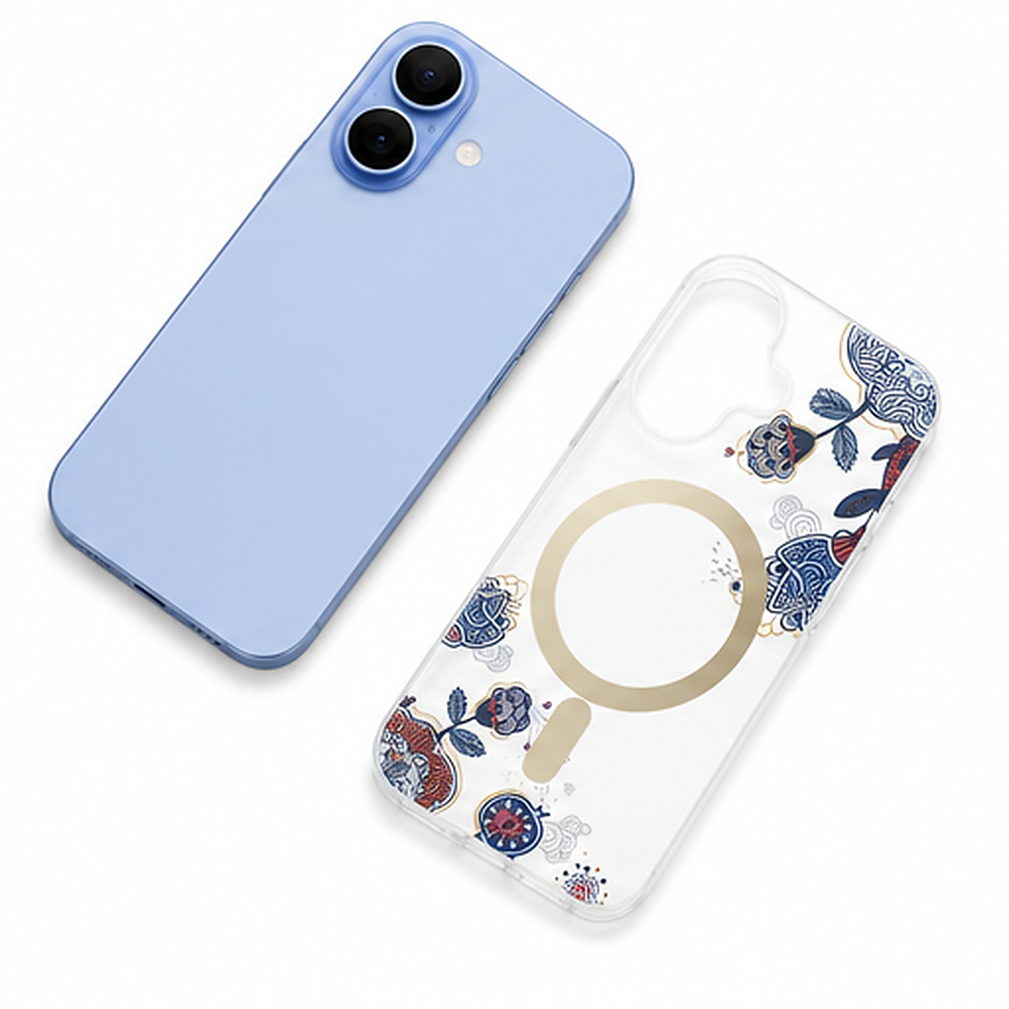 Luxury Blue Floral iPhone 17 Case – Frosted Transparent Protective Phone Cover