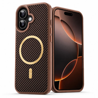Premium Brown iPhone 16 Cover, MagSafe Compatible Phone Case, Carbon Texture Mobile Cover, Slim Protective Case
