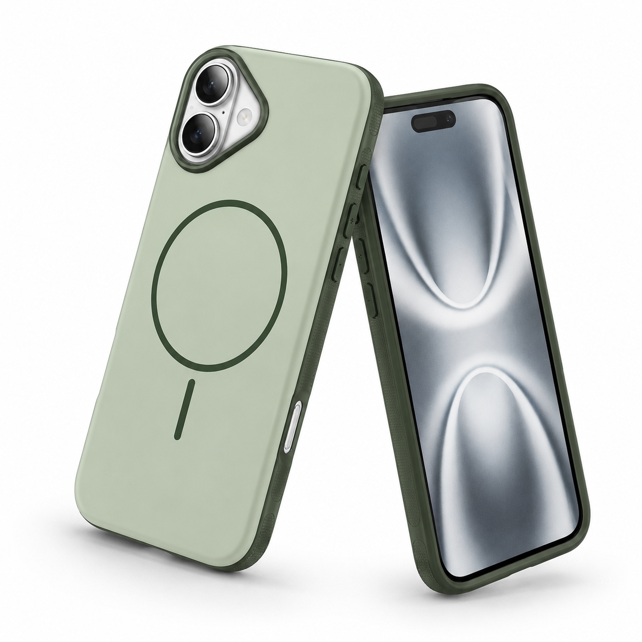 Green iPhone 17 case with MagSafe magnetic ring, raised camera protection, and slim protective finish