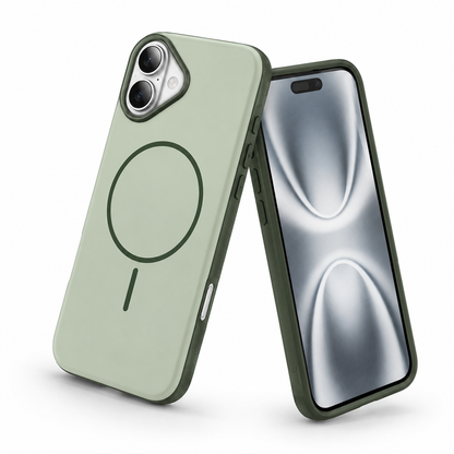 Green iPhone 17 case with MagSafe magnetic ring, raised camera protection, and slim protective finish