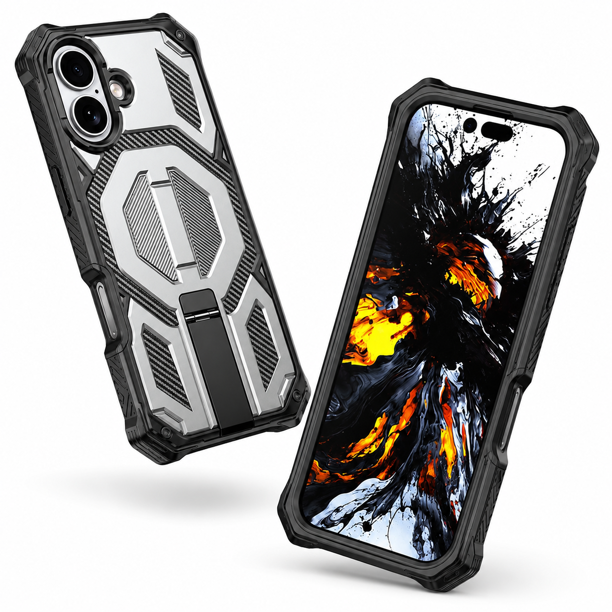 Protective Smartphone Case for iPhone 16 with grey armor back, black edges, and drop protection