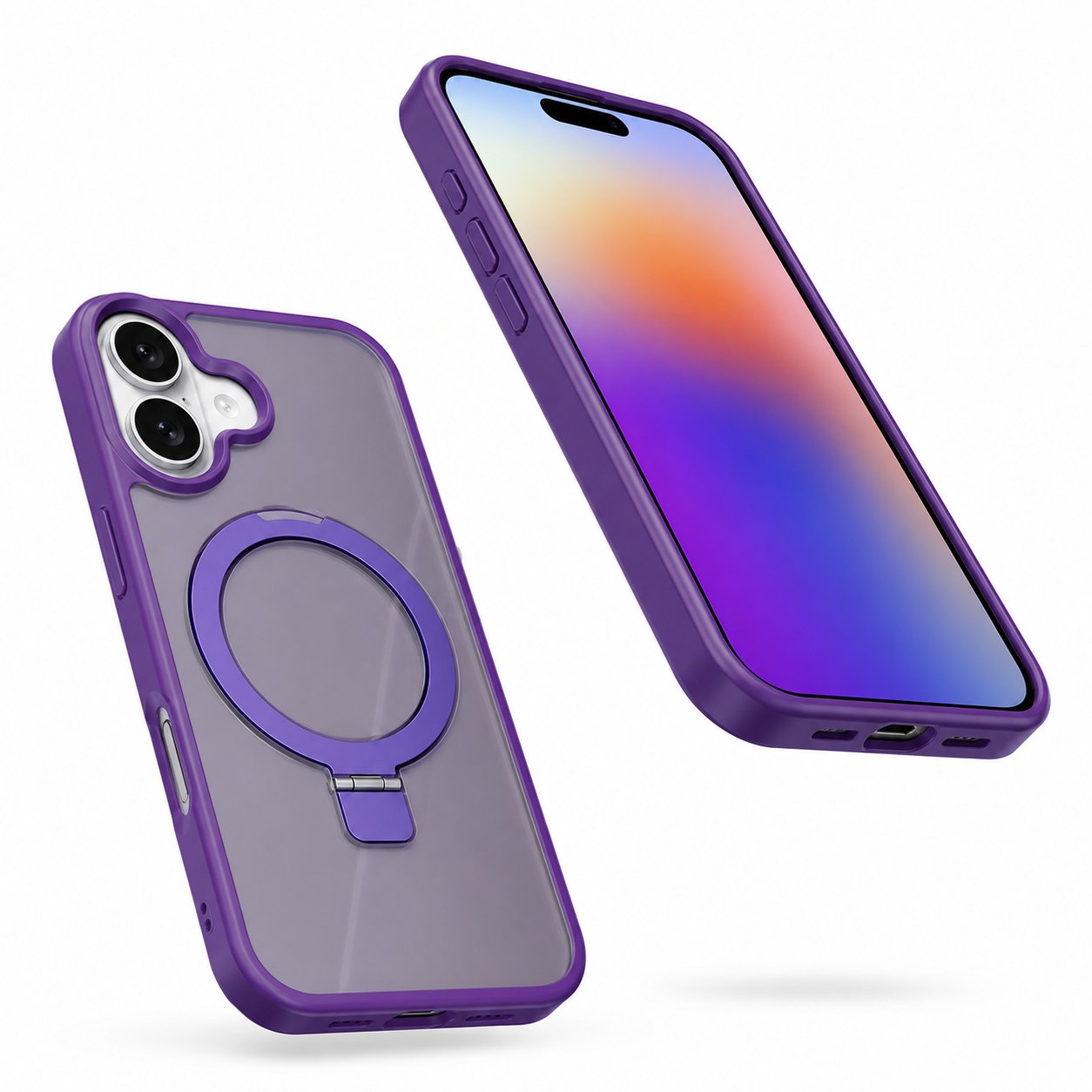 Deep purple rugged phone cover for iPhone 16 with raised camera protection