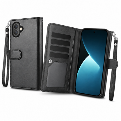 Black iPhone 17 detachable wallet case with cash pocket and camera protection