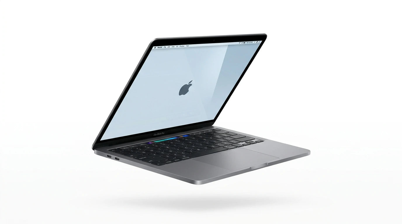future tech gadgets Canada. smart tech store Canada. Certified Apple MacBook Pro 13″ (2020) A2251. Gallery image 7. A sleek, silver laptop is displayed at a slight angle, hovering against a seamless white background. The screen shows a light gray interface with the Apple logo prominently centered. The keyboard features black keys with a touch bar illuminated in blue and green accents.