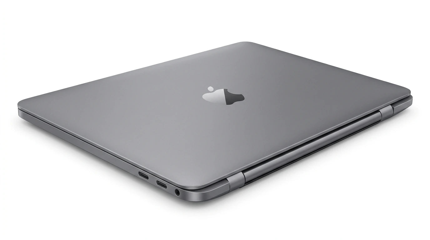 future tech gadgets Canada. smart tech store Canada. Certified Apple MacBook Pro 13″ (2020) A2251. Gallery image 8. The laptop is positioned at a slight angle, showcasing its sleek, metallic gray exterior. The Apple logo is prominently displayed on the top surface, reflecting light softly. The device is resting on a plain white background, emphasizing its minimalist design. On the left side, two USB-C ports and a headphone jack are visible, while the hinge is subtly highlighted.