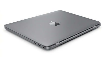 future tech gadgets Canada. smart tech store Canada. Certified Apple MacBook Pro 13″ (2020) A2251. Gallery image 8. The laptop is positioned at a slight angle, showcasing its sleek, metallic gray exterior. The Apple logo is prominently displayed on the top surface, reflecting light softly. The device is resting on a plain white background, emphasizing its minimalist design. On the left side, two USB-C ports and a headphone jack are visible, while the hinge is subtly highlighted.