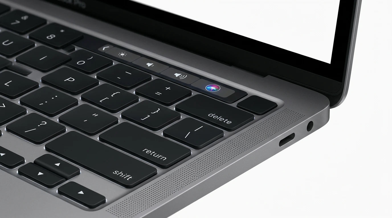 future tech gadgets Canada. smart tech store Canada. Certified Apple MacBook Pro 13″ (2020) A2251. Gallery image 9. The image shows a close-up view of a laptop keyboard, angled slightly to the right. The keys are black with white lettering, and the keyboard features a sleek, matte finish. The top row includes function keys, with the rightmost key displaying a circular icon, likely indicating a voice assistant feature.