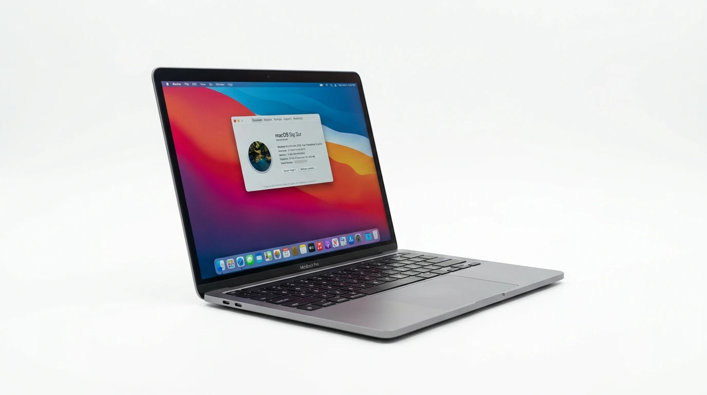 future tech gadgets Canada. smart tech store Canada. Certified Apple MacBook Pro 13″ (2020) A2251. Gallery image 10. The laptop is angled slightly to the right, showcasing its sleek, silver body against a seamless white background. The screen displays a colorful macOS interface with a system information window open, featuring text and icons. The keyboard is black with low-profile keys, and the trackpad is centered below it.
