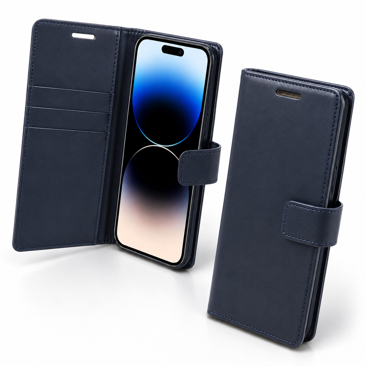 Shockproof navy leather-style diary case for Apple iPhone 17