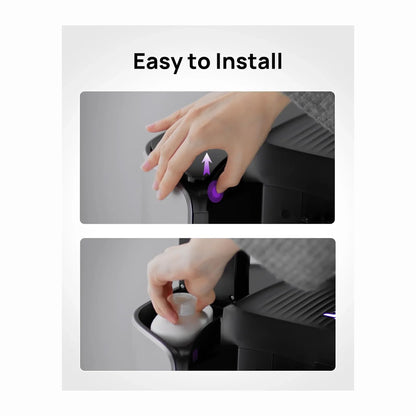 smart tech store Canada. premium tech accessories Canada. 3i S10 Ultra Cleaning Solution. Gallery image 3. The image features a two-part instructional graphic on a light grey background, highlighting the ease of installation for a product. The top section shows a hand pressing a purple button on the side of a black device, with an upward arrow indicating motion. The bottom section depicts the same hand placing a white container into a slot on the device.