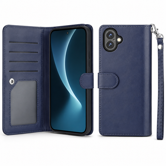 Navy bifold 9-card detachable wallet case for Apple iPhone 16