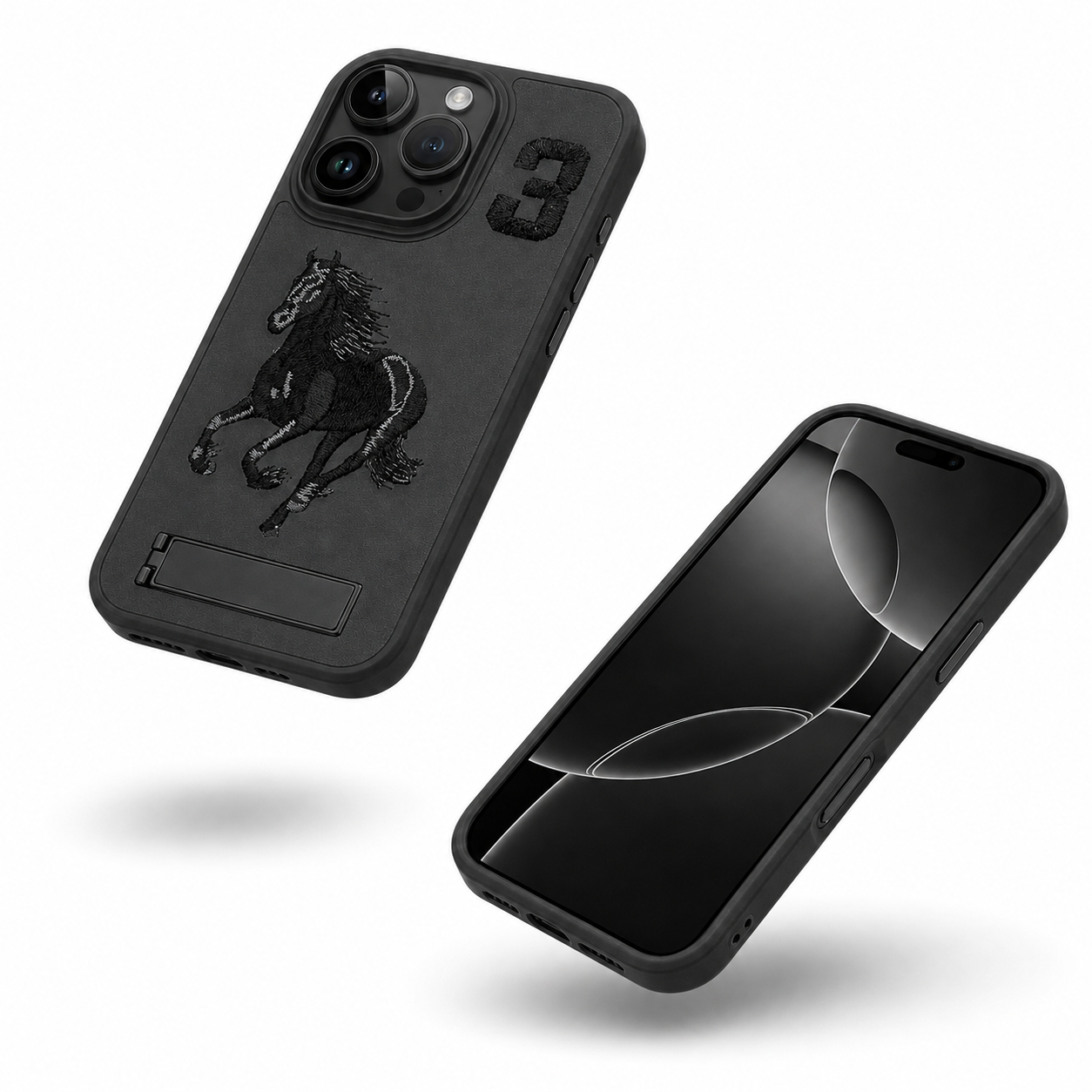 Slim black iPhone 12 Pro horse design kickstand case
