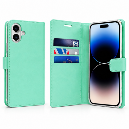 Teal iPhone 17 card holder case with viewing stand and camera protection