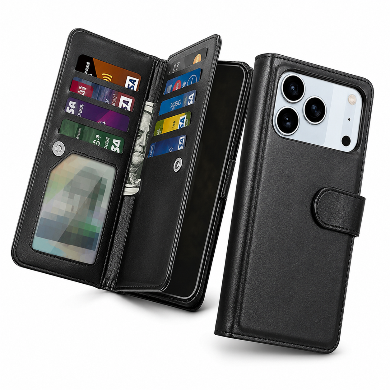Apple iPhone 17 Pro Max Flip Wallet Case, Premium Black Leather Phone Cover, Magnetic Wallet Case