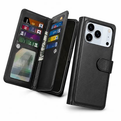 Apple iPhone 17 Pro Max Flip Wallet Case, Premium Black Leather Phone Cover, Magnetic Wallet Case