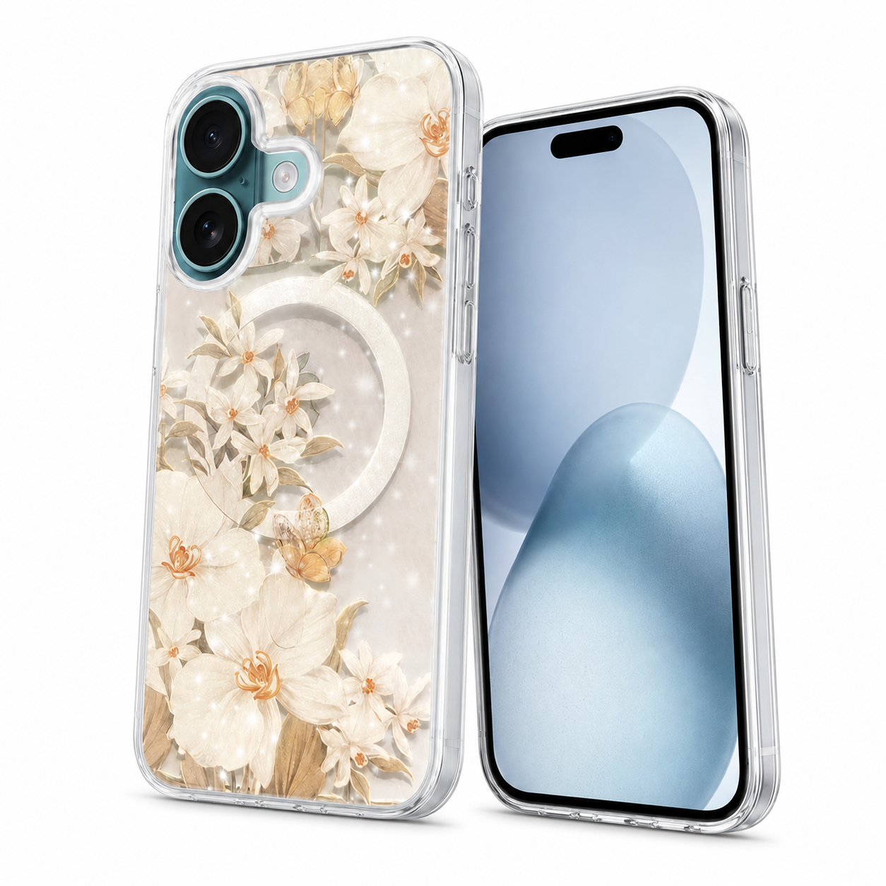 White Flowers iPhone 16 Cover, MagSafe Compatible Case, Luxury Floral Phone Case, Slim Protective Case