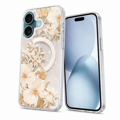 White Flowers iPhone 16 Cover, MagSafe Compatible Case, Luxury Floral Phone Case, Slim Protective Case
