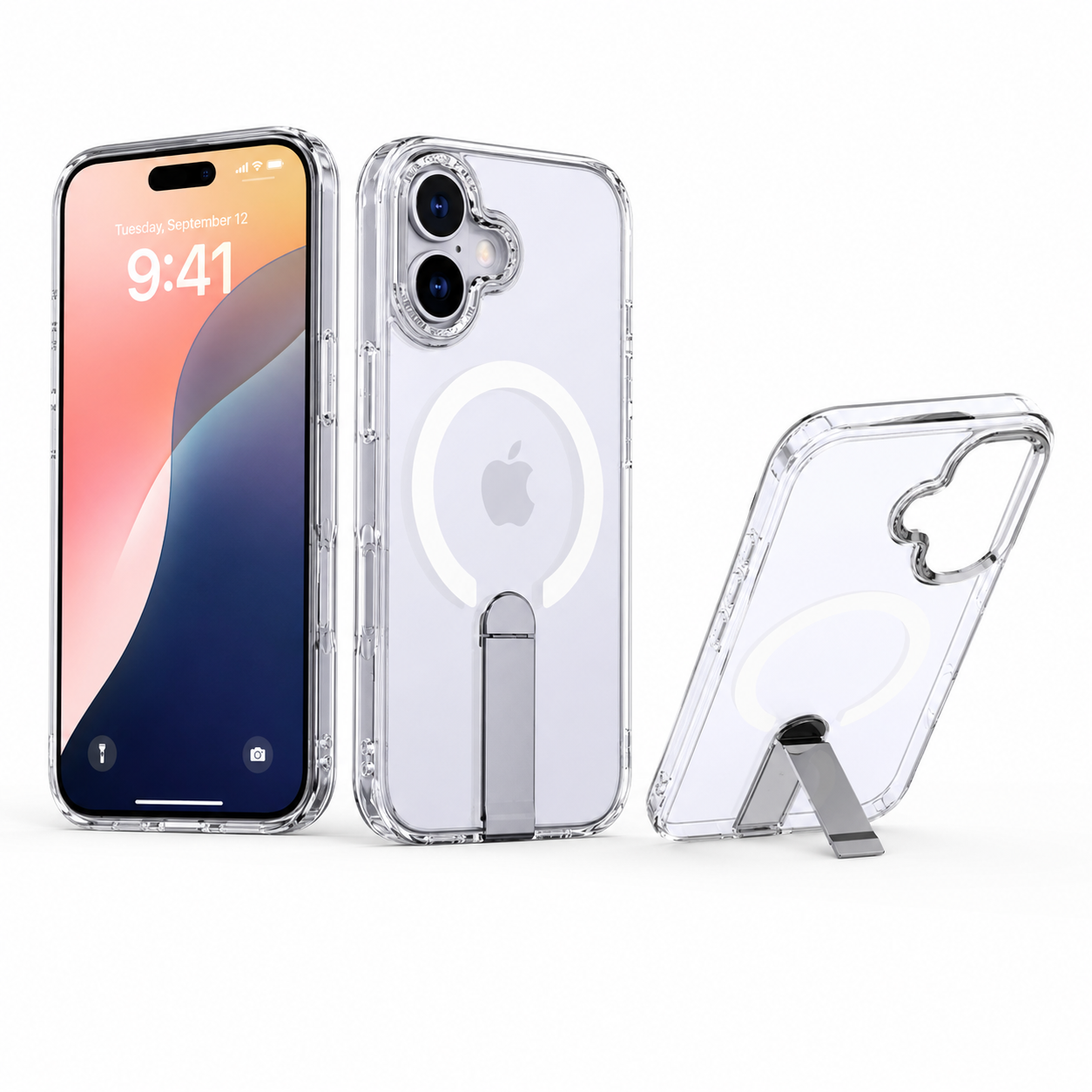 MagSafe iStand Clear Case for Apple iPhone 16, Transparent Phone Case, Shockproof Mobile Cover, Kickstand Case