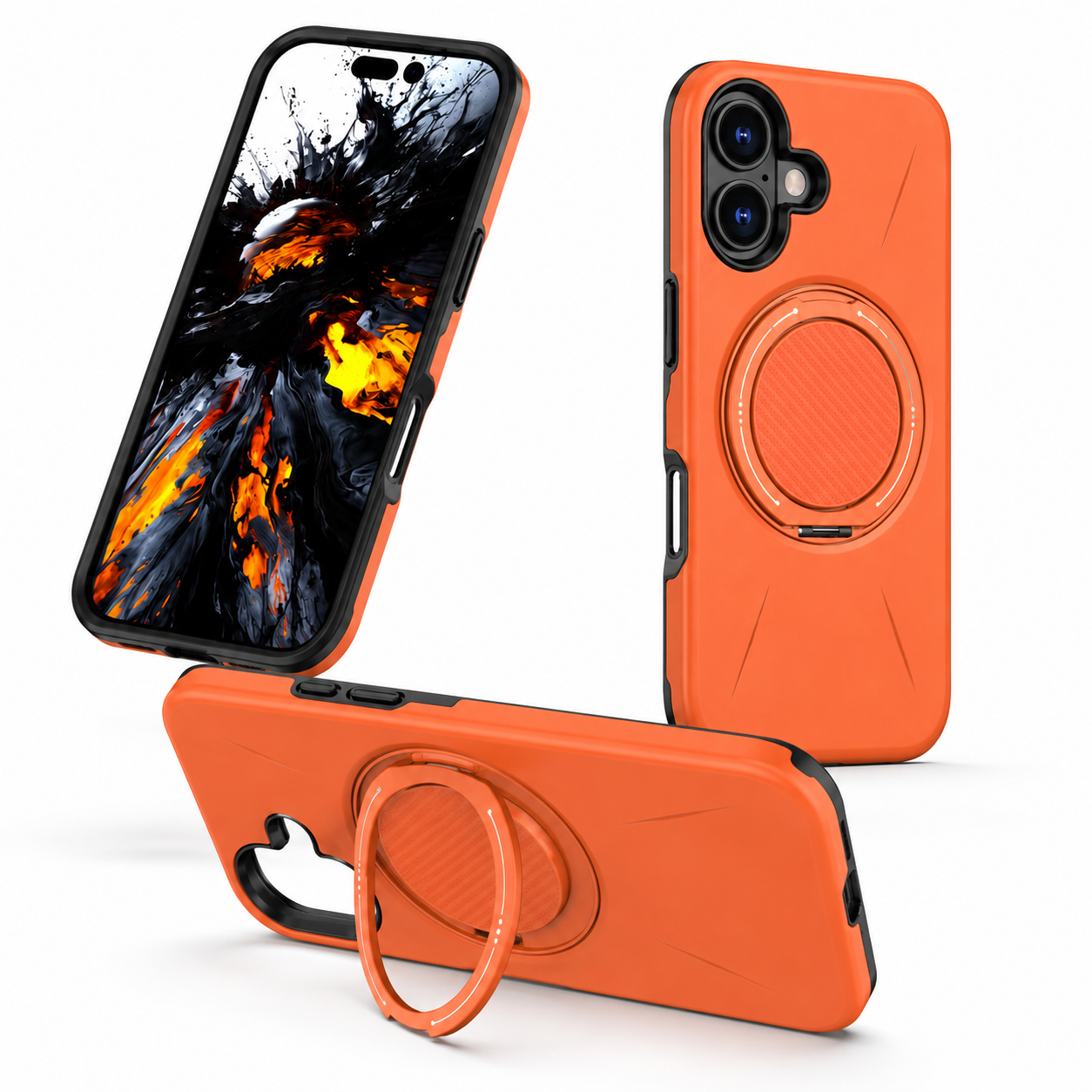 Orange MagSafe Forge Ring Case for Apple iPhone 17 with built-in kickstand, shockproof phone case, protective mobile cover