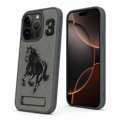 Grey horse iPhone 12 protective phone cover with built-in stand