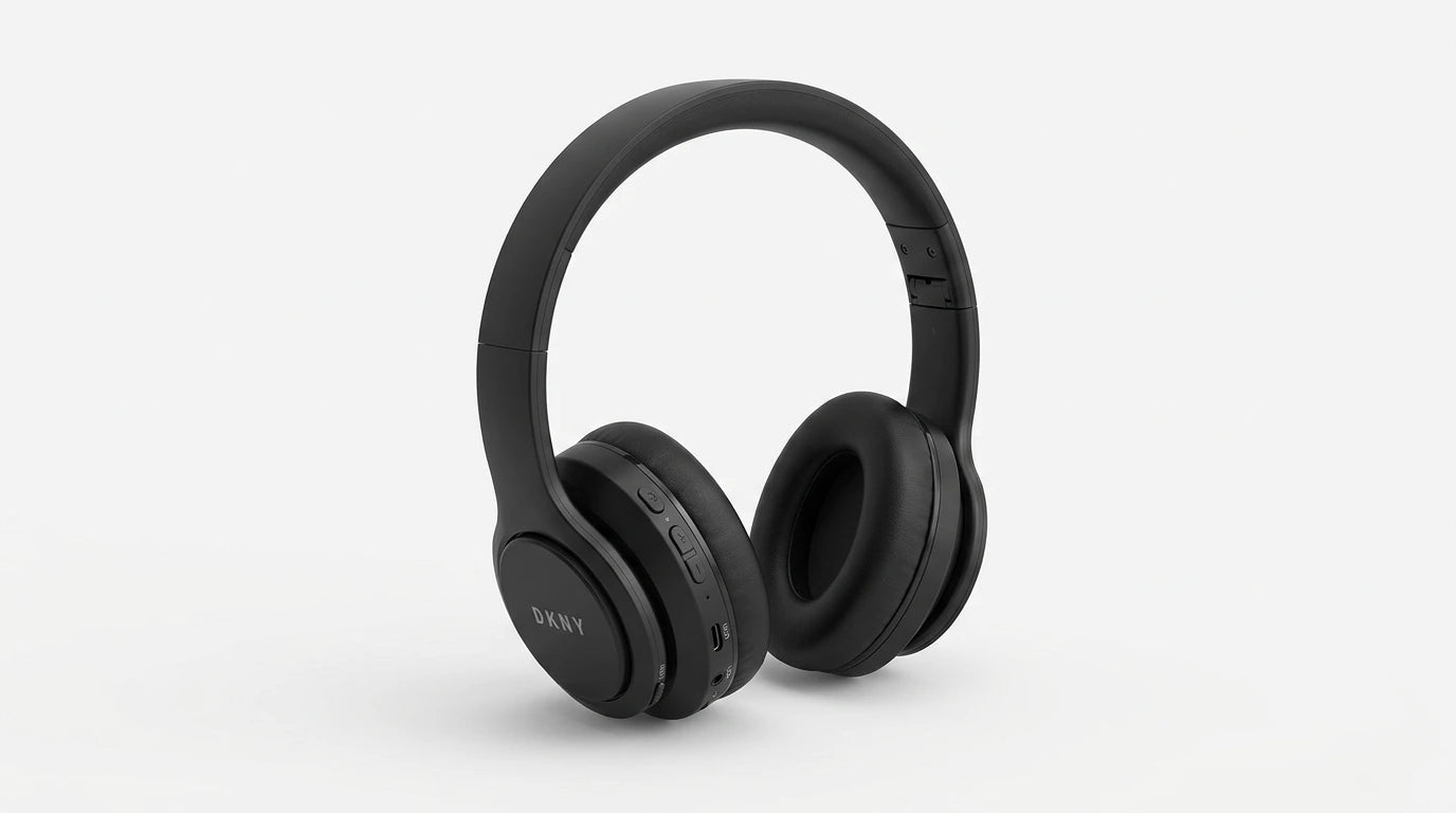 future tech gadgets Canada. premium tech accessories Canada. DKNY Headphones Bluetooth. Gallery image 10. Lines name one specific SKU—never substitute a generic lookalike from the category. After review passes, each render should still read as a fresh studio viewpoint of that same physical unit.