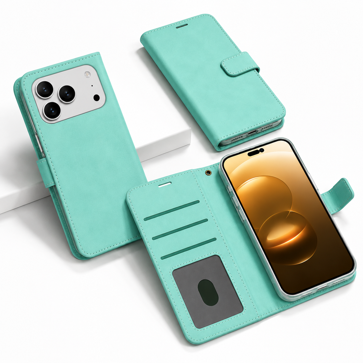 Teal Photo ID Wallet for Apple iPhone 17 Pro Max Leather Protective Flip Phone Case