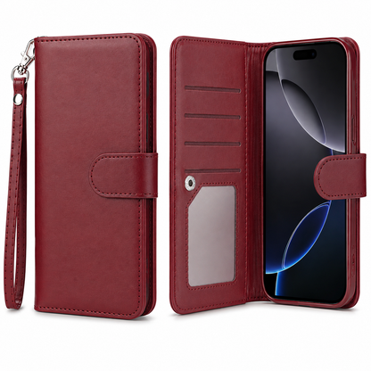 Wine iPhone 17 detachable wallet case with cash pocket and camera protection