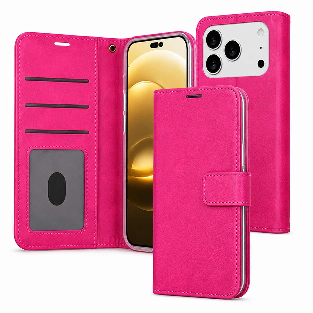 Premium Hot Pink Leather Folio Wallet Case for Apple iPhone 17 Pro Max Protective Phone Cover