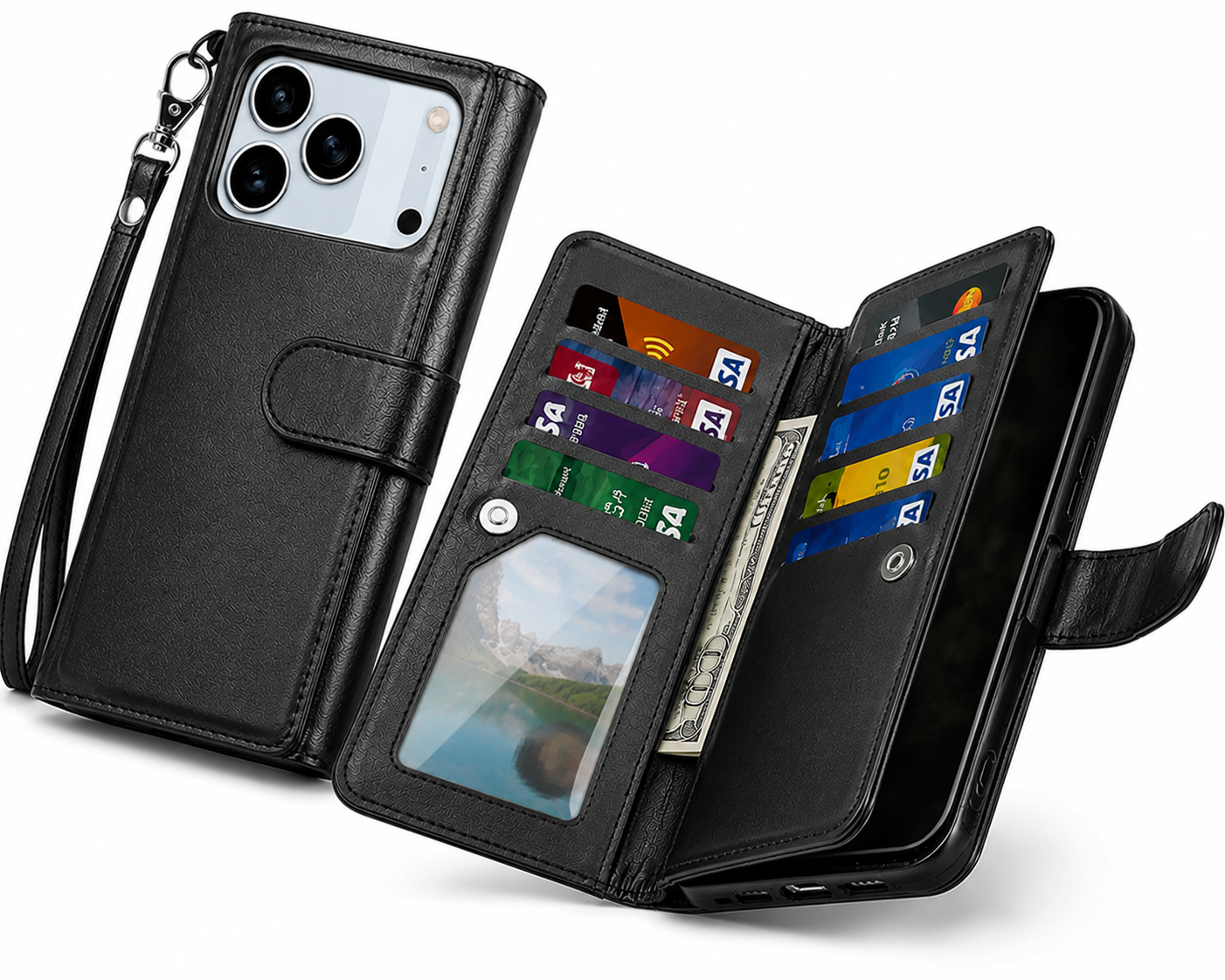 Black Wallet Phone Case for Apple iPhone 17 Pro, Premium Mobile Case, Designer Phone Case, Card Holder Phone Cover