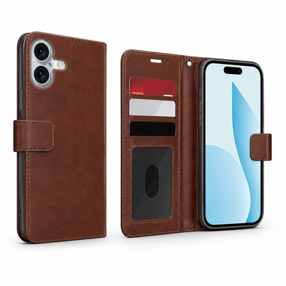 Apple iPhone 17 brown wallet phone case with transparent ID window