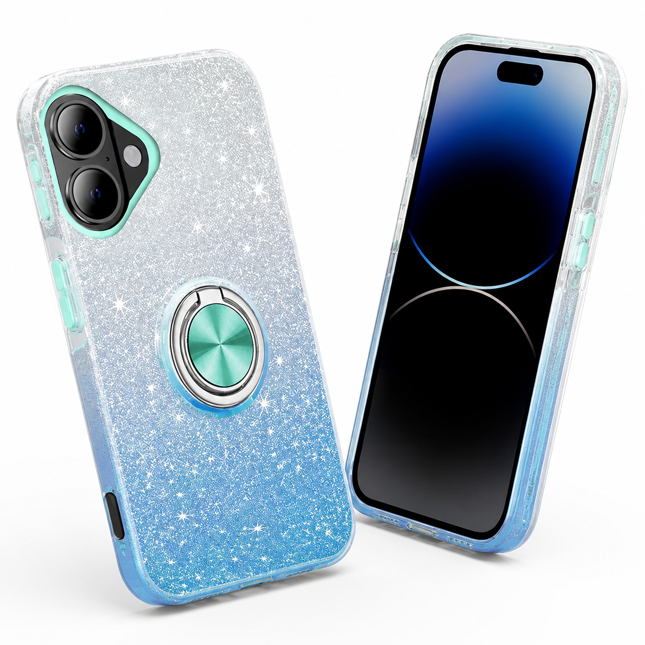 Apple iPhone 17 blue glitter phone case with rotating ring holder
