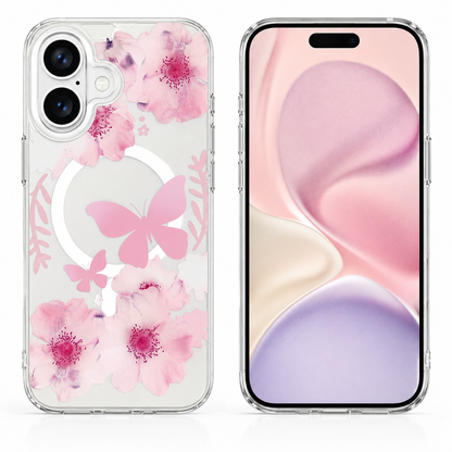 Butterfly MagSafe Phone Case for Apple iPhone 16 Light Pink Floral Protective Cover