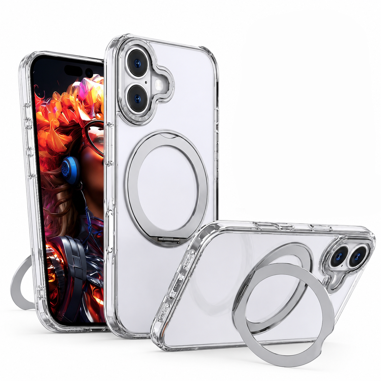 Silver MagSafe Tilt Ring Stand Case for Apple iPhone 16 Shockproof Phone Case